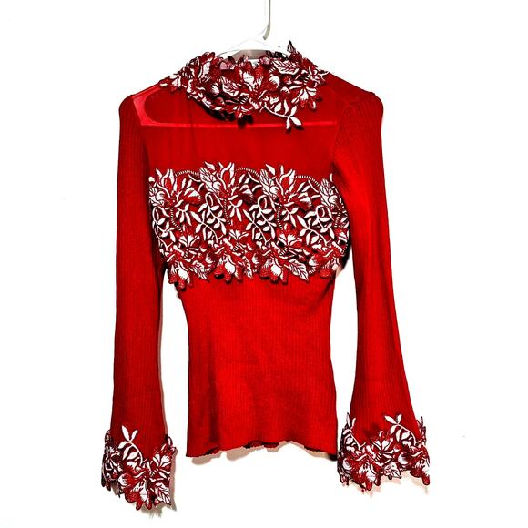 Venus Sweater Y2K Large Red White 3D Floral Appliqué Lace Stretch Women's Sz Med - Picture 2 of 9